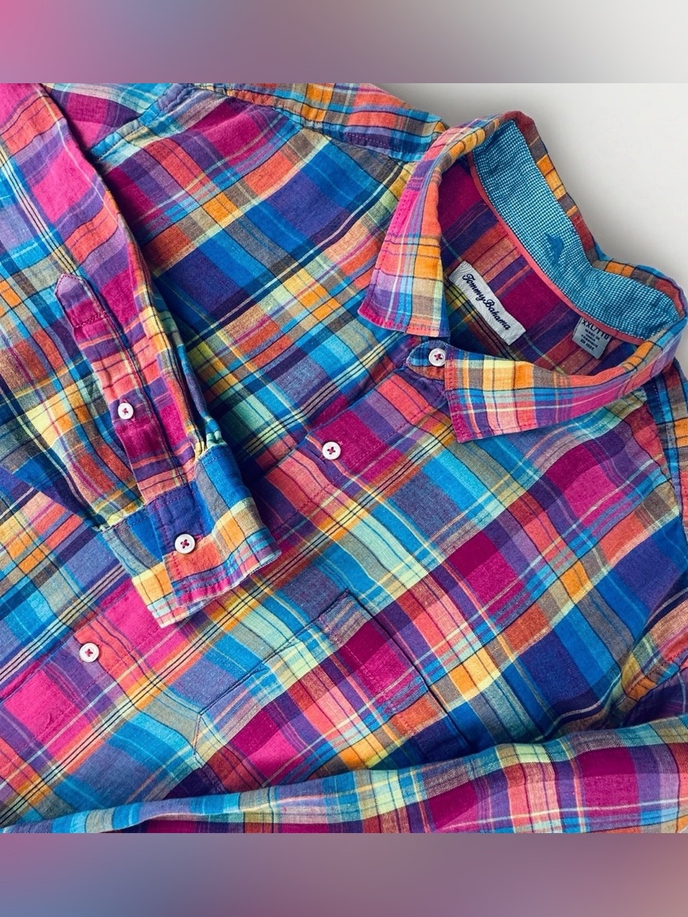 Tommy Bahama Mens XXL Linen Shirt Madras Plaid Long Sleeve Coastal Colorful